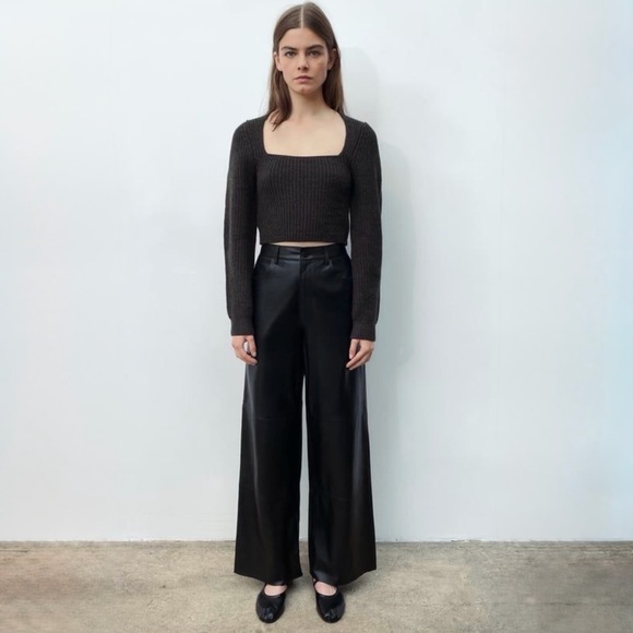 ZARA Ribbed Cropped Knit Top Square Neck Long Sleeve Charcoal Gray Medium - Picture 3 of 13